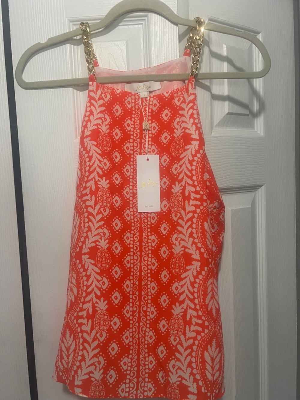 Coral/orange  Print Chain-Strap Halter Top silk with lining . Lilly Pulitzer